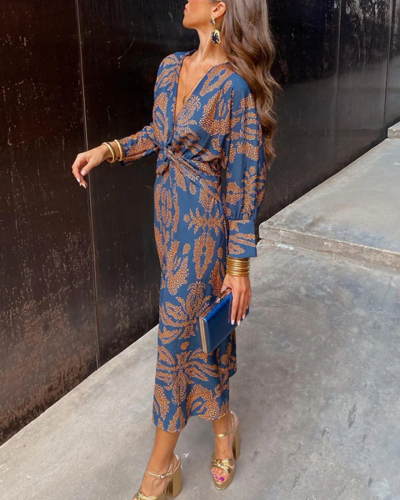 Effortless Printed Maxi Dress for Women with V Neck Long Sleeve Twist Front Bohemian Style