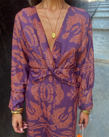 Effortless Printed Maxi Dress for Women with V Neck Long Sleeve Twist Front Bohemian Style