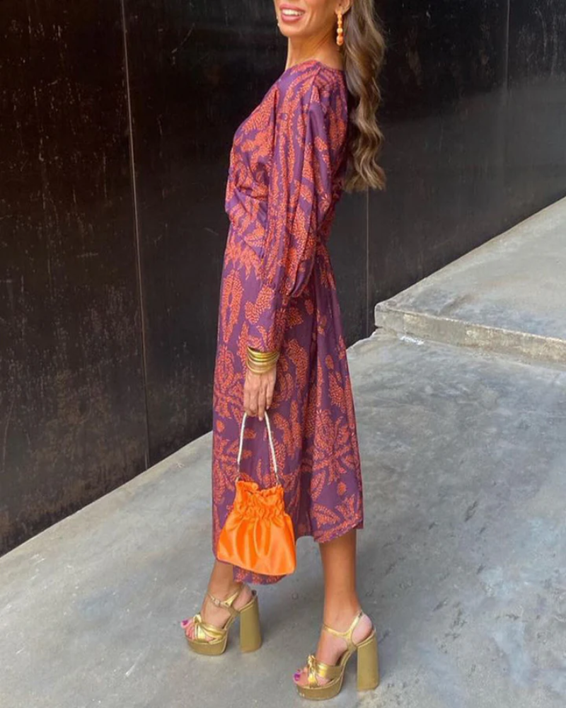 Effortless Printed Maxi Dress for Women with V Neck Long Sleeve Twist Front Bohemian Style