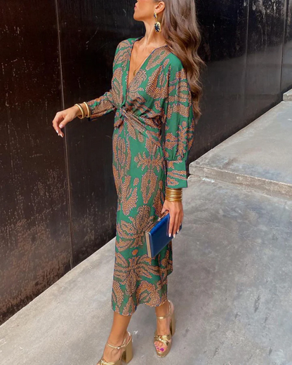 Effortless Printed Maxi Dress for Women with V Neck Long Sleeve Twist Front Bohemian Style