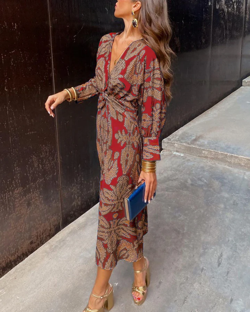 Effortless Printed Maxi Dress for Women with V Neck Long Sleeve Twist Front Bohemian Style