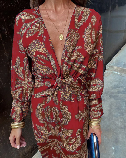 Effortless Printed Maxi Dress for Women with V Neck Long Sleeve Twist Front Bohemian Style