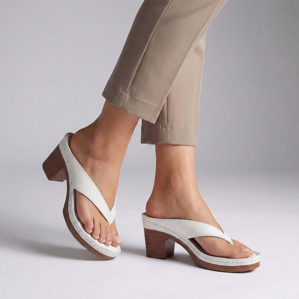Elegant Black Leather Platform Sandal for Women with Thong Strap Block Heel Stacked Wood Casual Style