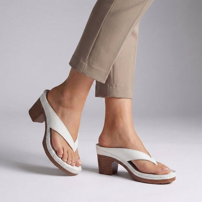Elegant Black Leather Platform Sandal for Women with Thong Strap Block Heel Stacked Wood Casual Style