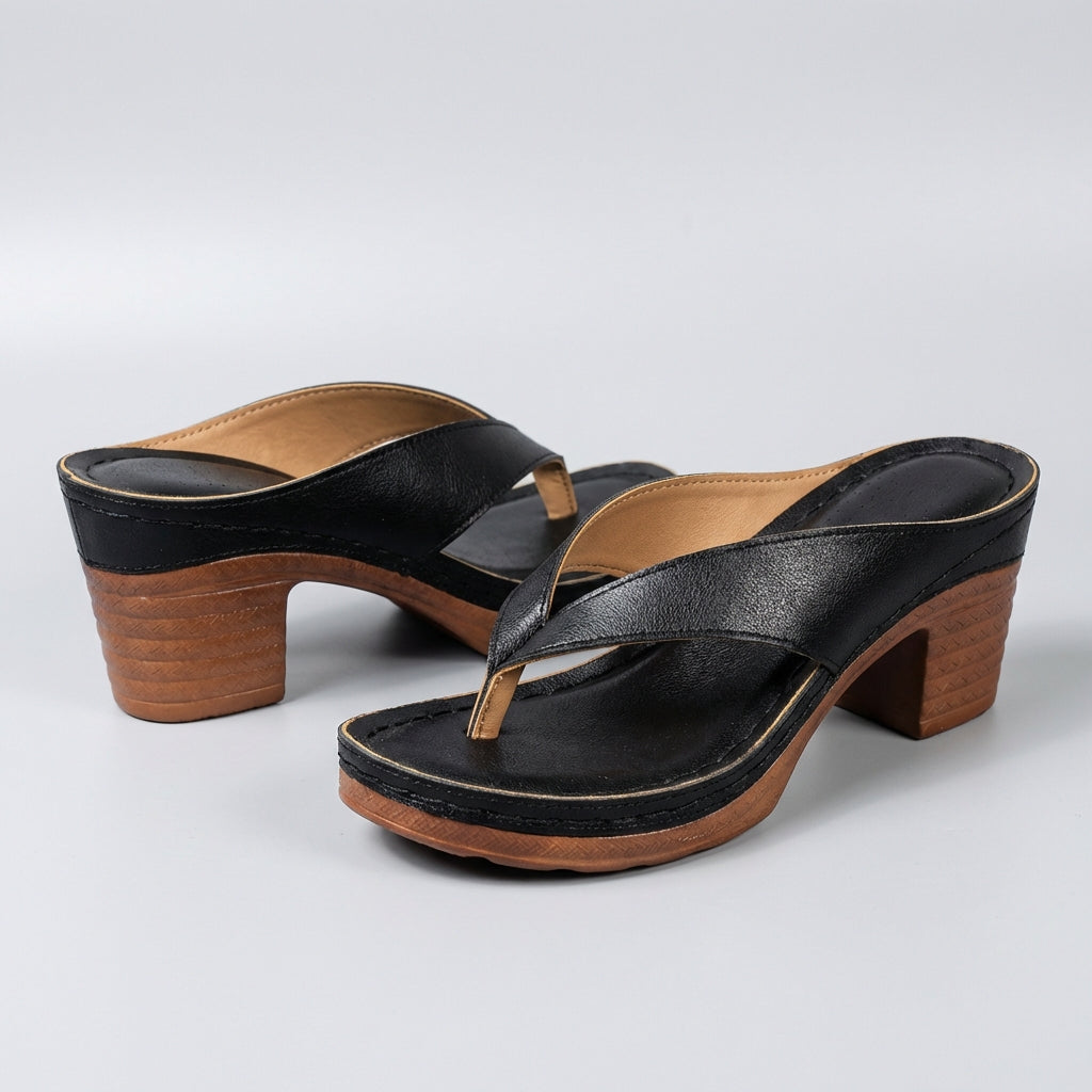 Elegant Black Leather Platform Sandal for Women with Thong Strap Block Heel Stacked Wood Casual Style