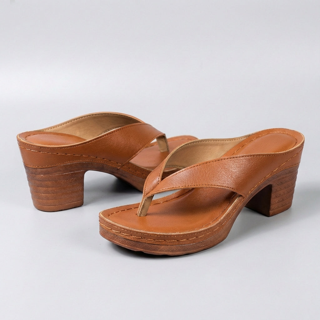Elegant Black Leather Platform Sandal for Women with Thong Strap Block Heel Stacked Wood Casual Style
