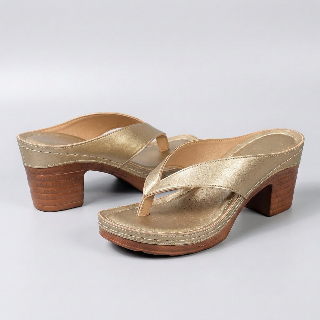 Elegant Black Leather Platform Sandal for Women with Thong Strap Block Heel Stacked Wood Casual Style