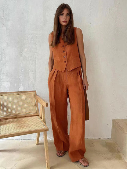 Effortless Linen Wide Leg Set for Women with V Neck Sleeveless Button Front Tailored Two Piece Style