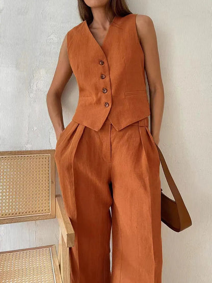 Effortless Linen Wide Leg Set for Women with V Neck Sleeveless Button Front Tailored Two Piece Style