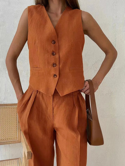 Effortless Linen Wide Leg Set for Women with V Neck Sleeveless Button Front Tailored Two Piece Style
