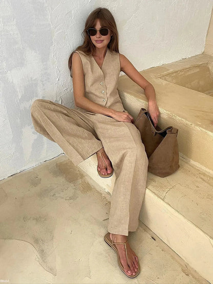 Effortless Linen Wide Leg Set for Women with V Neck Sleeveless Button Front Tailored Two Piece Style