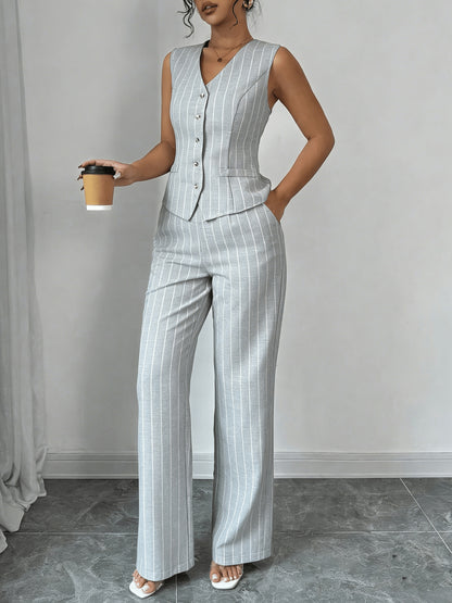 Elegant Grey Pinstripe Two Piece Set for Women with V Neck Button Front Waistcoat Wide Leg Pant Formal Style