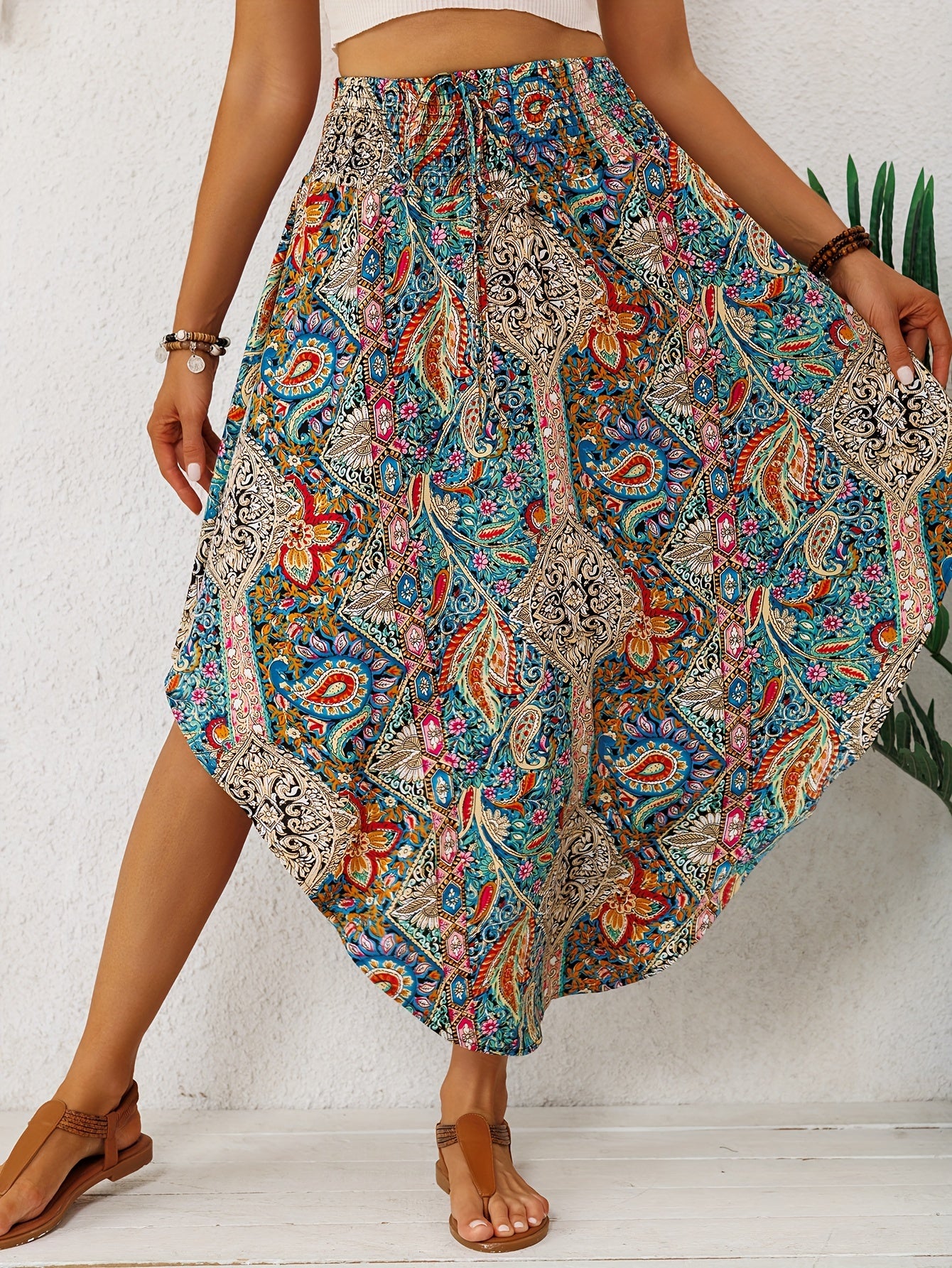 Effortless Multicolor Paisley Maxi Skirt for Women with High Waist Drawstring Asymmetrical Hem Bohemian Style