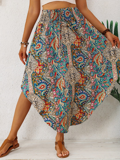 Effortless Multicolor Paisley Maxi Skirt for Women with High Waist Drawstring Asymmetrical Hem Bohemian Style