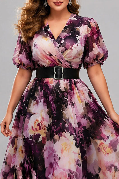 Elegant Purple Floral Maxi Dress for Women with V Neck Puff Sleeve Belted Wrap Flowing Wedding Guest Style