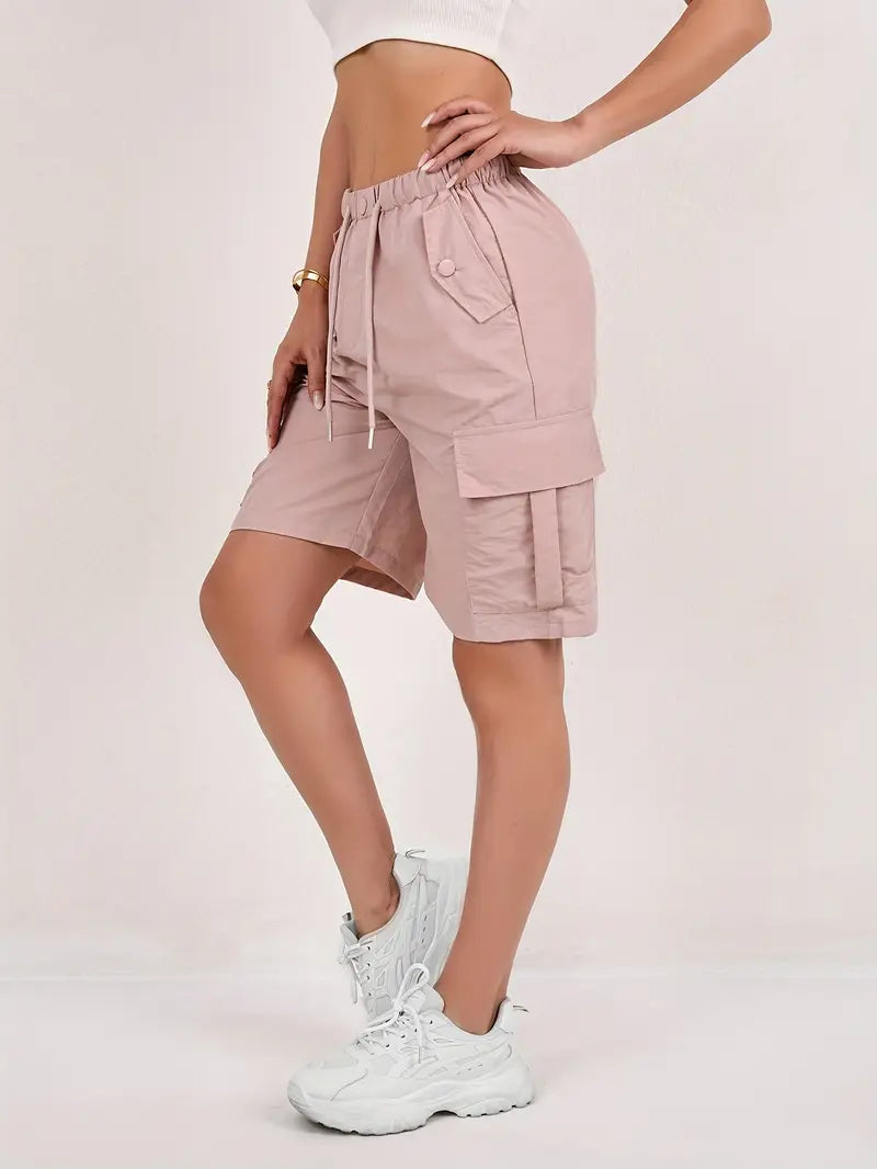 Effortless Pink Cargo Bermuda Shorts for Women with High Waist Drawstring Relaxed Casual Style