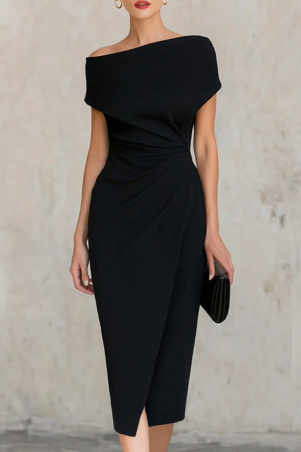 Elegant Draped Midi Dress for Women with Asymmetric Neckline Cap Sleeve Ruched Wrap Cocktail Style