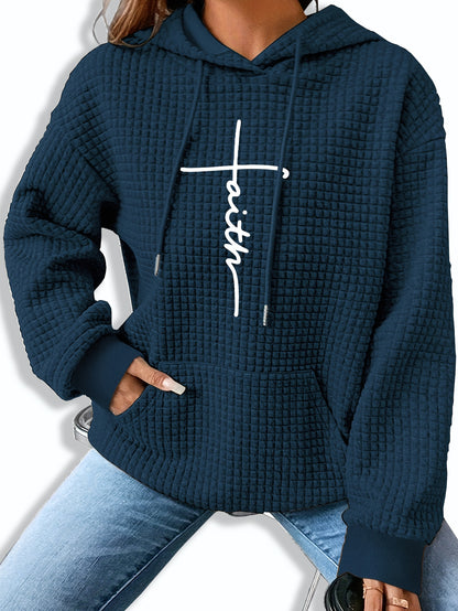 Comfortable Waffle Knit Graphic Hoodie for Women with Drawstring Hood Long Sleeve Oversized Relaxed Style