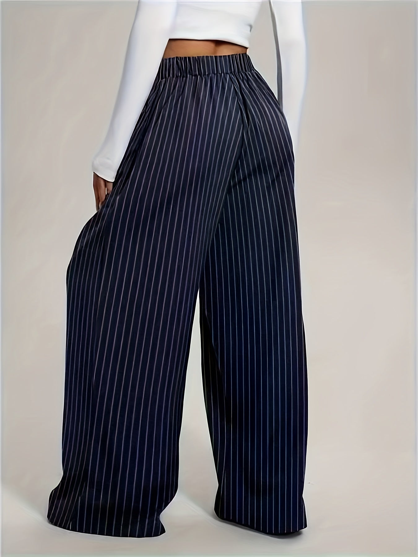 Effortless Navy Pinstripe Wide Leg Pants for Women with High Waist Pleated Relaxed Casual Style