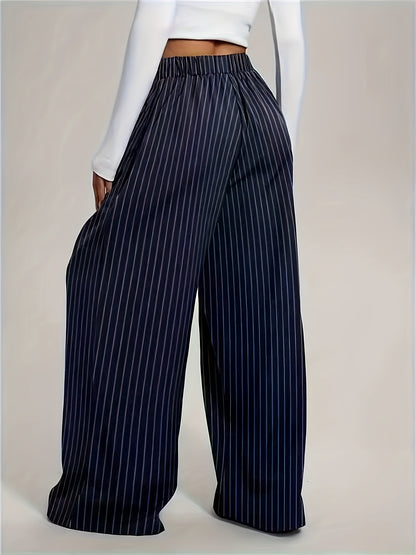 Effortless Navy Pinstripe Wide Leg Pants for Women with High Waist Pleated Relaxed Casual Style