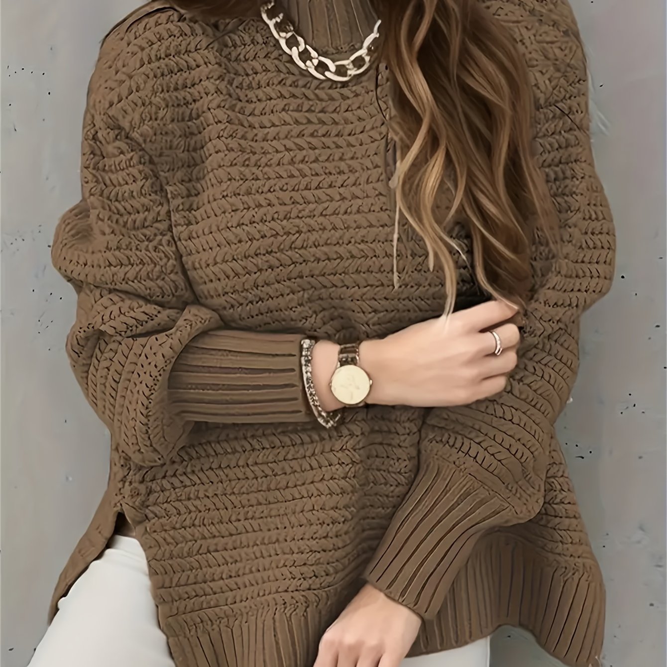 Comfortable Textured Knit Sweater for Women with High Neck Long Sleeve Relaxed Oversized Style