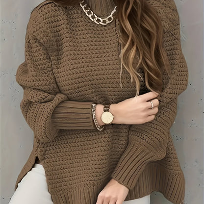 Comfortable Textured Knit Sweater for Women with High Neck Long Sleeve Relaxed Oversized Style