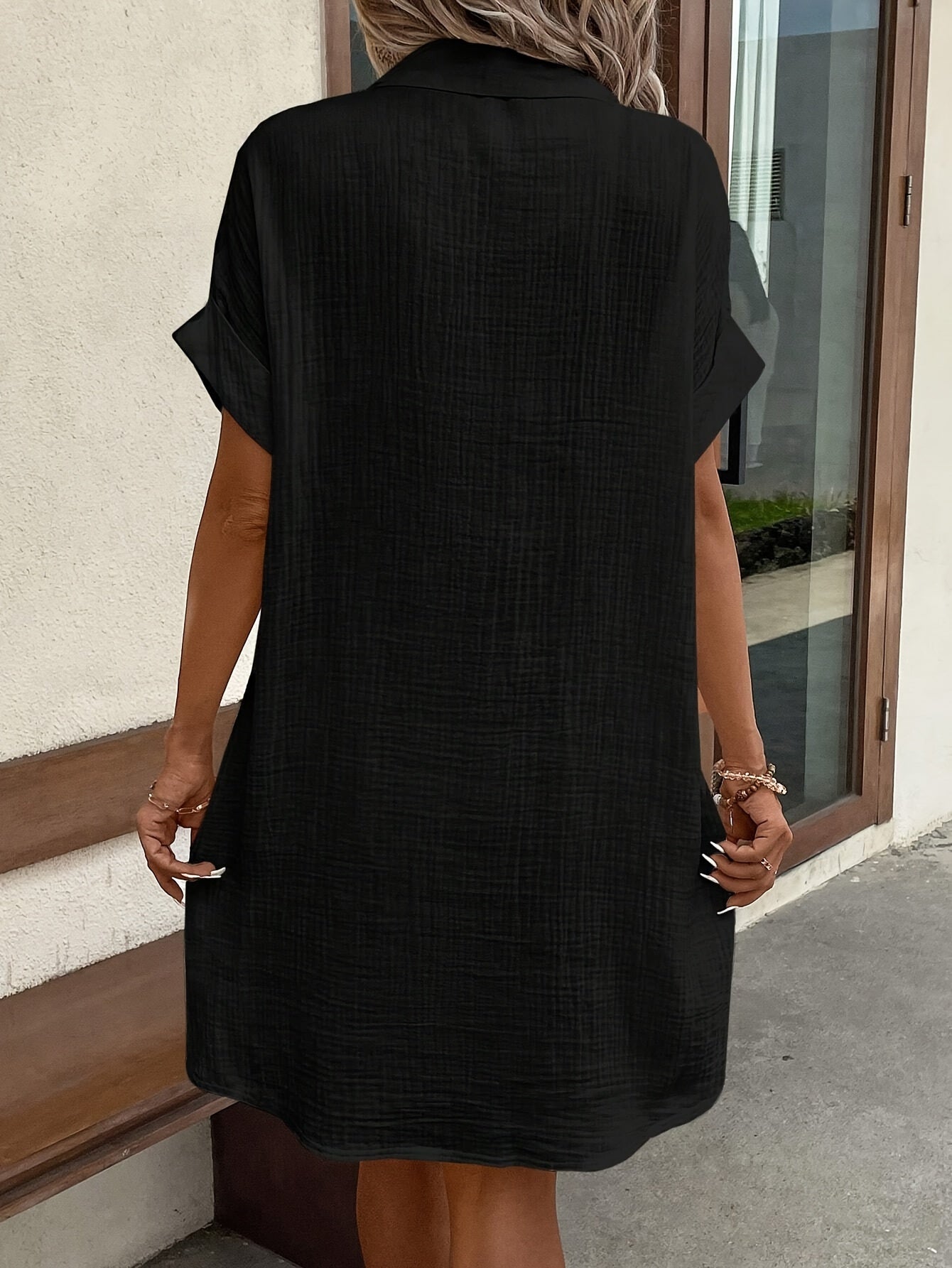 Effortless Textured Shirt Dress for Women with Collar Short Sleeve Button Front Relaxed Casual Style