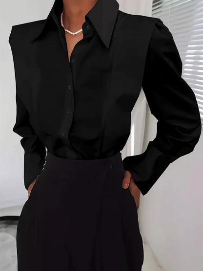 Elegant Structured Blouse for Women with Point Collar Long Sleeve Puff Shoulder Button Front Casual Style