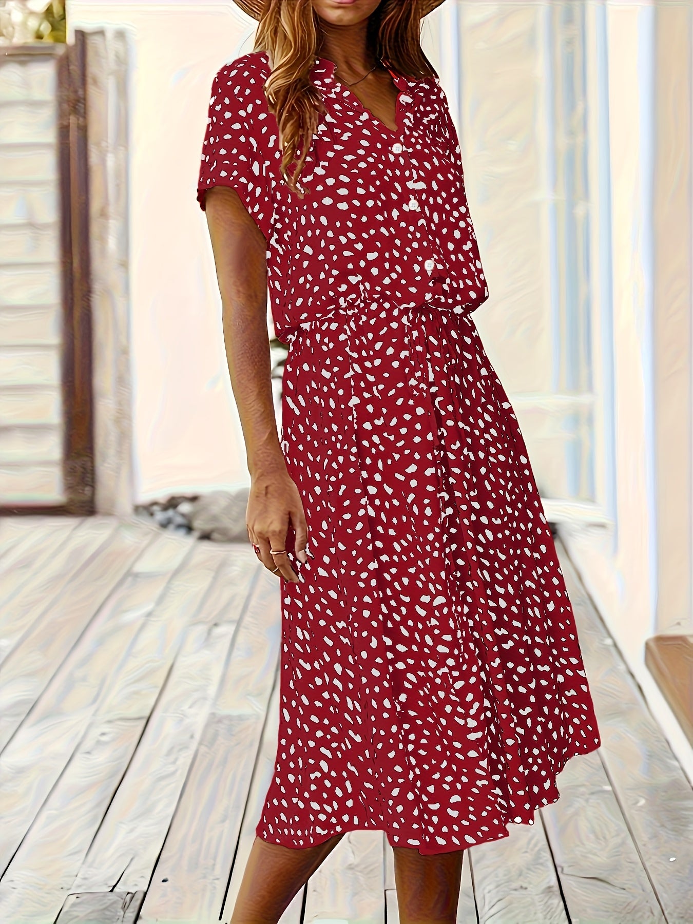 Effortless Multicolor Polka Dot Midi Dress for Women with Collar Short Sleeve Button Front Drawstring Waist Casual Style