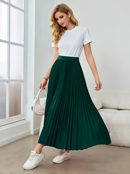Elegant Dark Green Pleated Maxi Skirt for Women with High Waist A Line Flowing Style