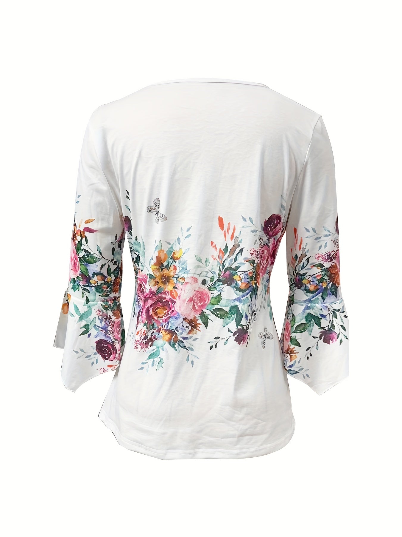 Elegant White Floral Blouse for Women with V Neck Bell Sleeve Button Front Flowing Style