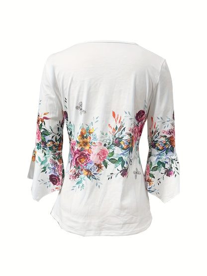 Elegant White Floral Blouse for Women with V Neck Bell Sleeve Button Front Flowing Style