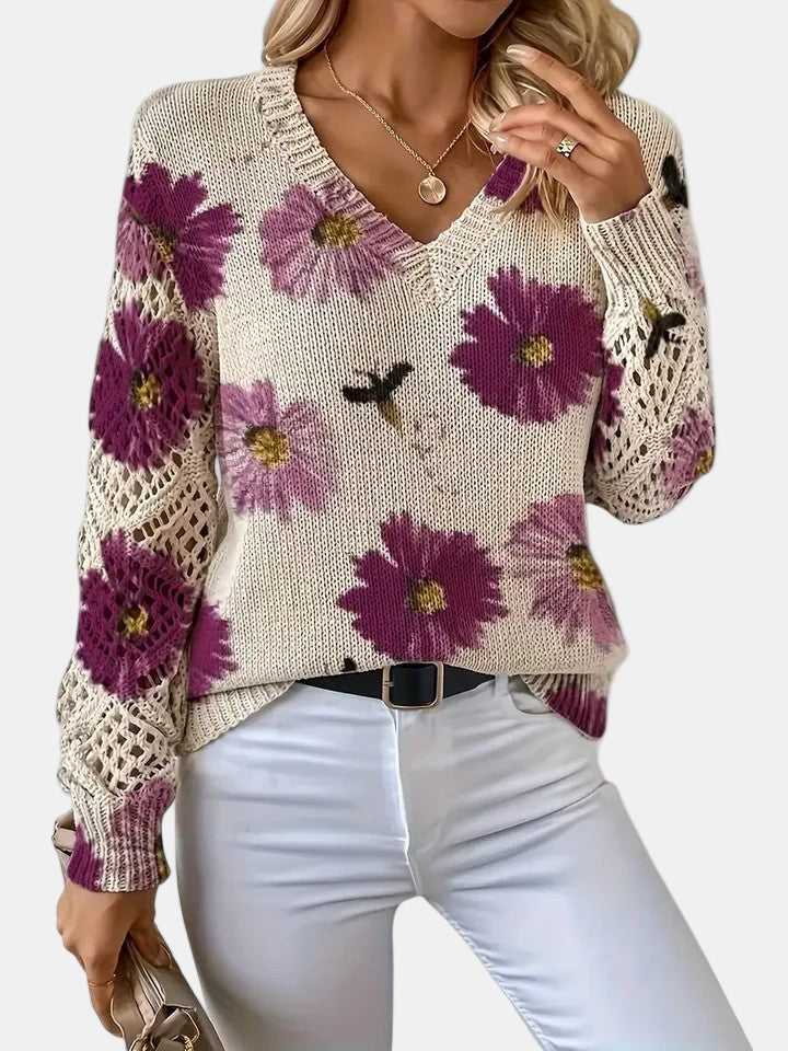 Comfortable Floral Crochet Sweater for Women with V Neck Balloon Sleeve Lace Panel Oversized Knit Style