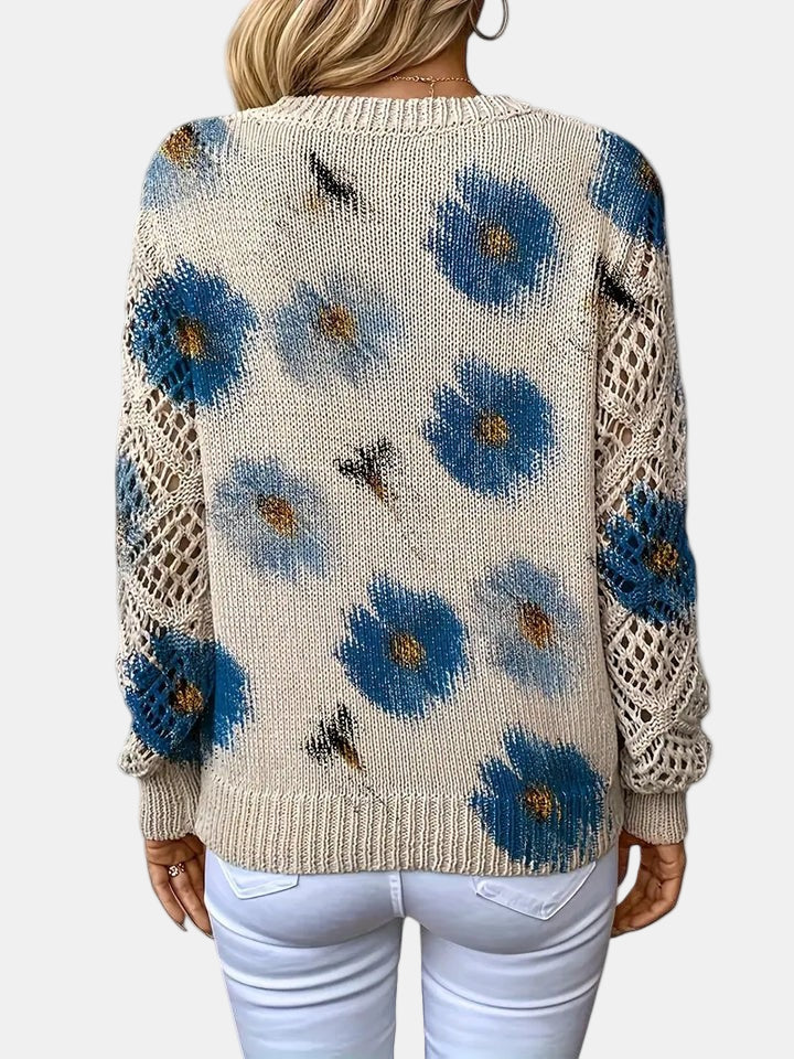 Comfortable Floral Crochet Sweater for Women with V Neck Balloon Sleeve Lace Panel Oversized Knit Style
