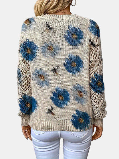 Comfortable Floral Crochet Sweater for Women with V Neck Balloon Sleeve Lace Panel Oversized Knit Style