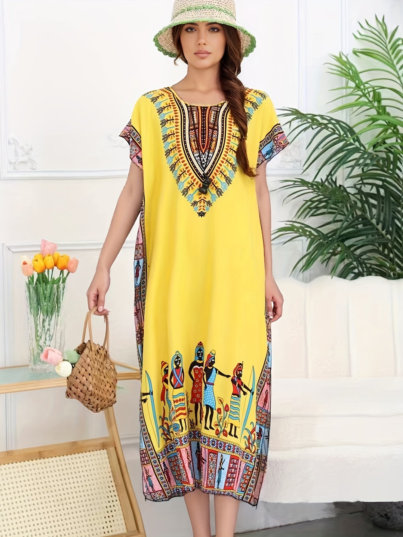 Effortless Tribal Print Kaftan Dress for Women with V Neck Short Sleeve Flowing Bohemian Style