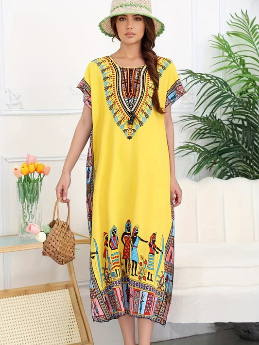 Effortless Tribal Print Kaftan Dress for Women with V Neck Short Sleeve Flowing Bohemian Style