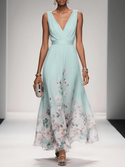 Elegant Floral Maxi Dress for Women with V Neck Sleeveless Wrap Waist Flowing Wedding Guest Style