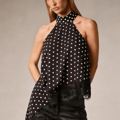 Elegant Satin Halter Top for Women with High Neck Sleeveless Lace Trim Asymmetric Flowing Style