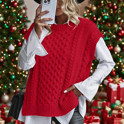 Comfortable Cable Knit Sweater Vest for Women with Crew Neck Sleeveless Chunky Oversized Style
