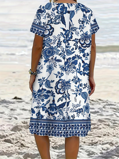 Plus Size - Plus Size - Summer New Plus Size Women'S Vacation Style Easy And Porcelain Floral Pattern All-Over Print Dress, Suitable for All Seasons, Casual And Chic