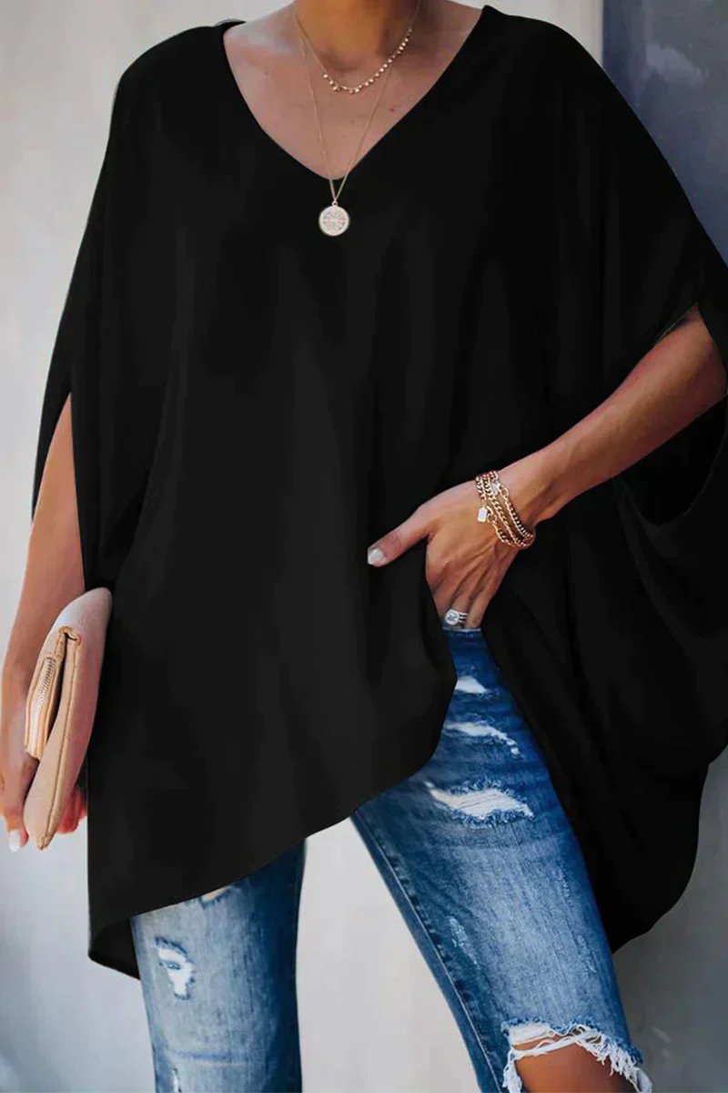 Effortless Poncho Blouse for Women with V Neck Batwing Sleeve High Low Hem Flowing Bohemian Style