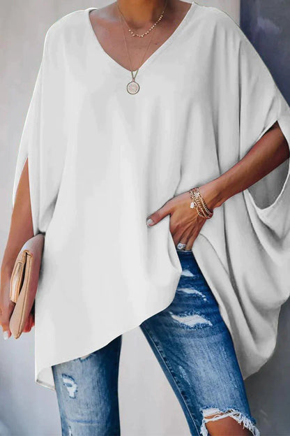 Effortless Poncho Blouse for Women with V Neck Batwing Sleeve High Low Hem Flowing Bohemian Style
