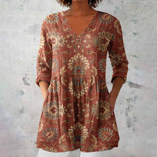 Effortless Rust Paisley Tunic for Women with V Neck Elbow Sleeve Flowing Bohemian Style