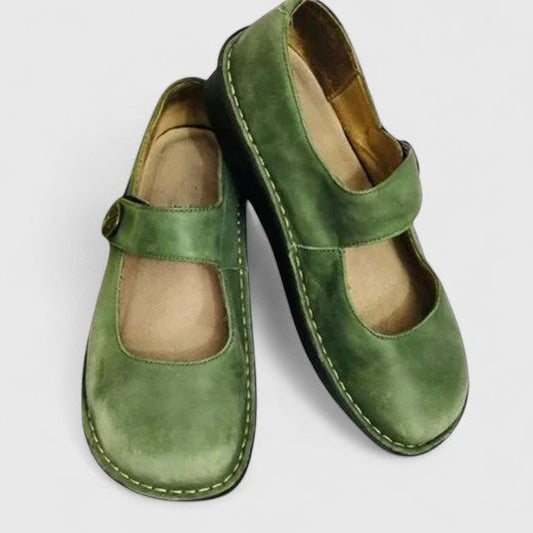 Comfortable Leather Mary Jane Flats for Women with Round Toe Button Strap Stitched Sole Casual Style