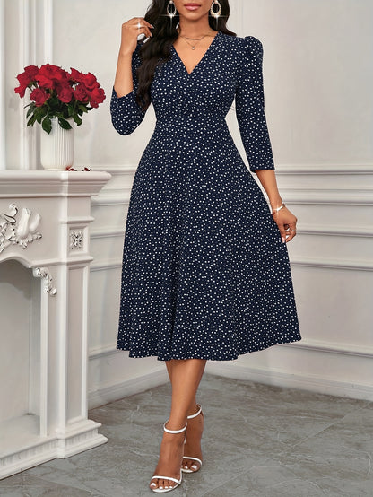 2026 New Valentine's Day/New Year Party/Suitable for Daily Work Wear/Suitable for All Seasons Elegant Fashion Versatile Daily Date V-Neck 3/4 Sleeve Waist Flared Long Red and Blue Women's Elegant Dress, Women's Polka Dot Small Heart Print Dress