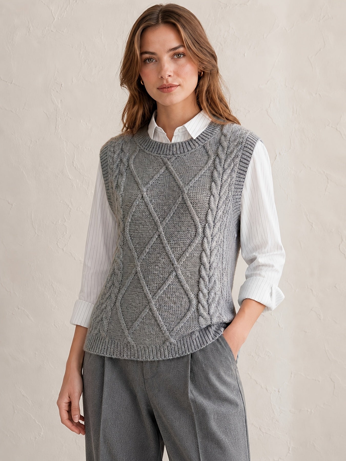 Comfortable Cable Knit Sweater Vest for Women with Crew Neck Sleeveless Relaxed Preppy Style