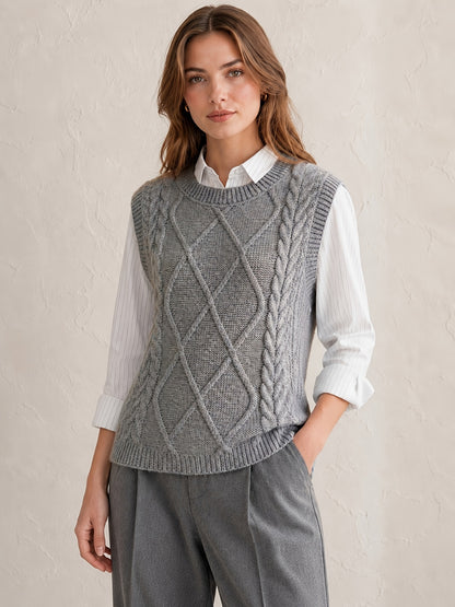 Comfortable Cable Knit Sweater Vest for Women with Crew Neck Sleeveless Relaxed Preppy Style
