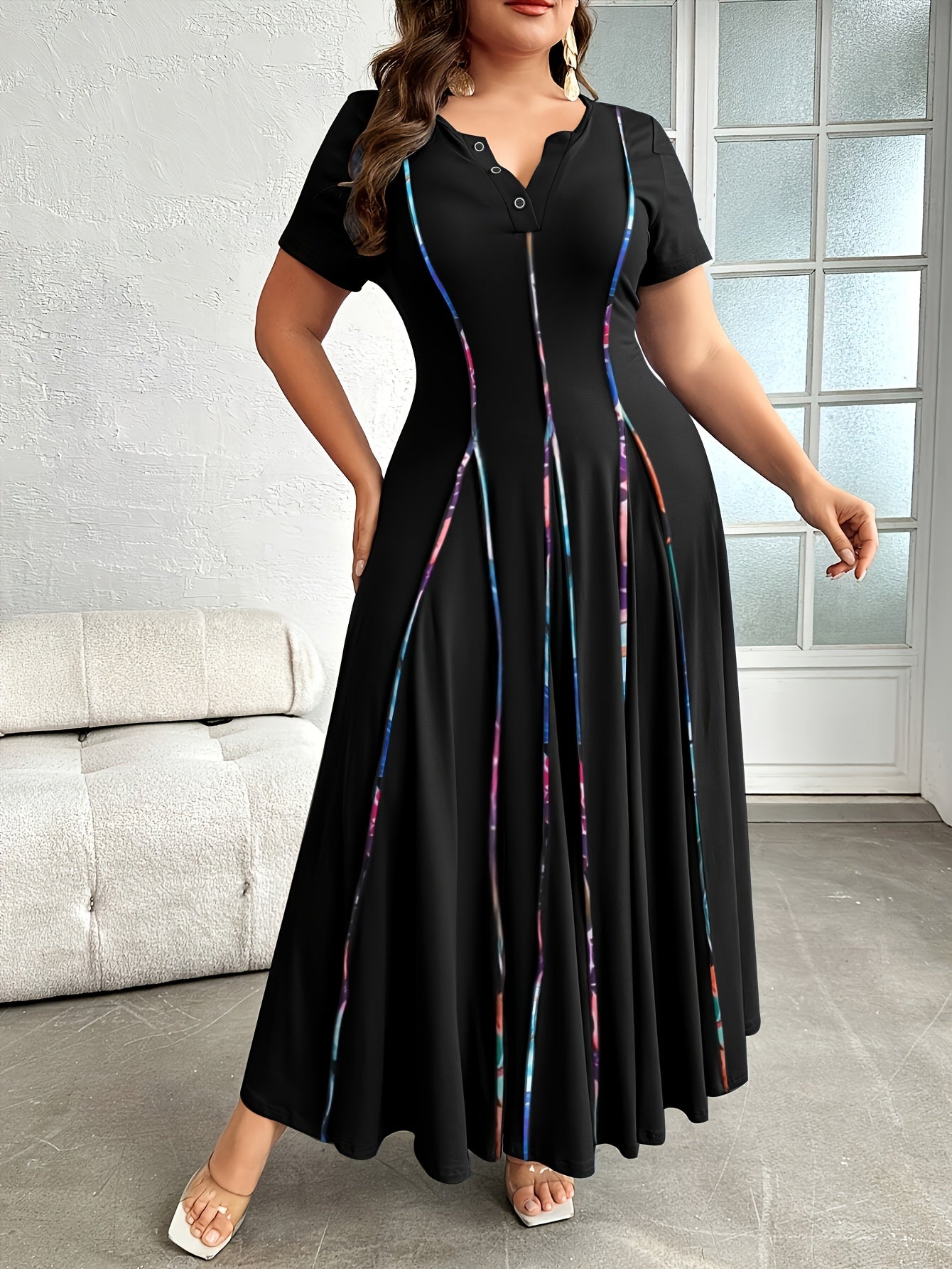 Plus Size - Plus Size - Ruched Detail V-Neck Dress, Suitable for Beach, Party, Summer, Casual, Vacation And Dating Dress