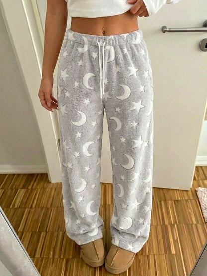 Women'S Autumn Winter Fleece Thickened Star Pattern Belt Drawstring Wide-Leg Long Pants Suitable for Outdoor Indoor Casual Plush Trousers Pants
